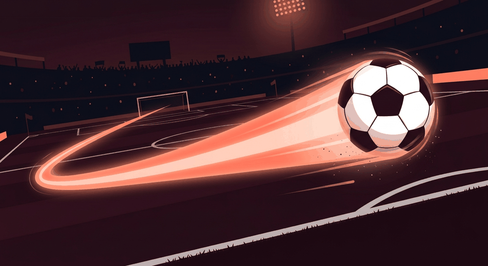 Ilustrasi bola yang menggelinding meninggalkan jejak panjang berkilau di atas lapangan gelap