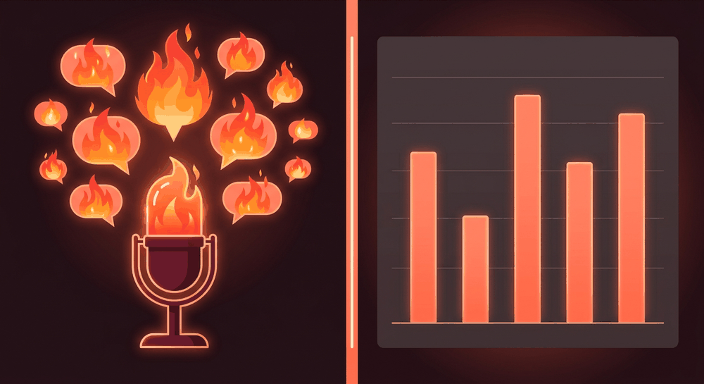 Ilustrasi meja komentator di sisi gelap dan panel grafik statistik di sisi terang, dipisah garis tengah